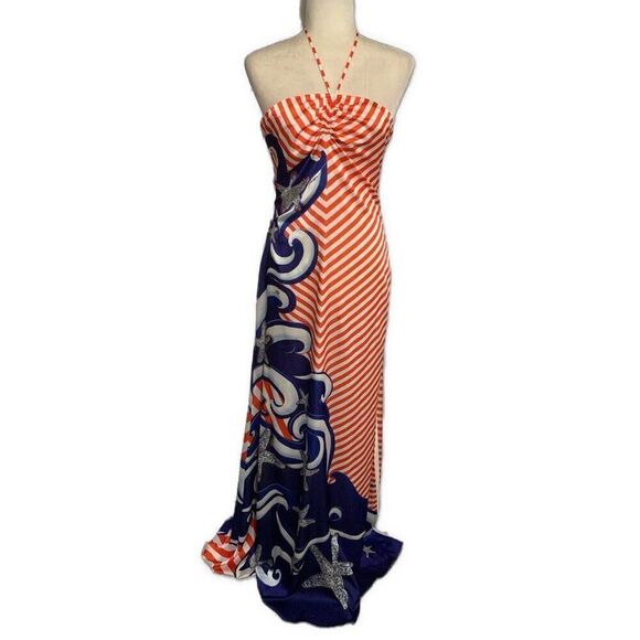 Balizza New Red White Blue Striped Starfish Halter Strapless Maxi Dress 38 Small - Picture 1 of 9